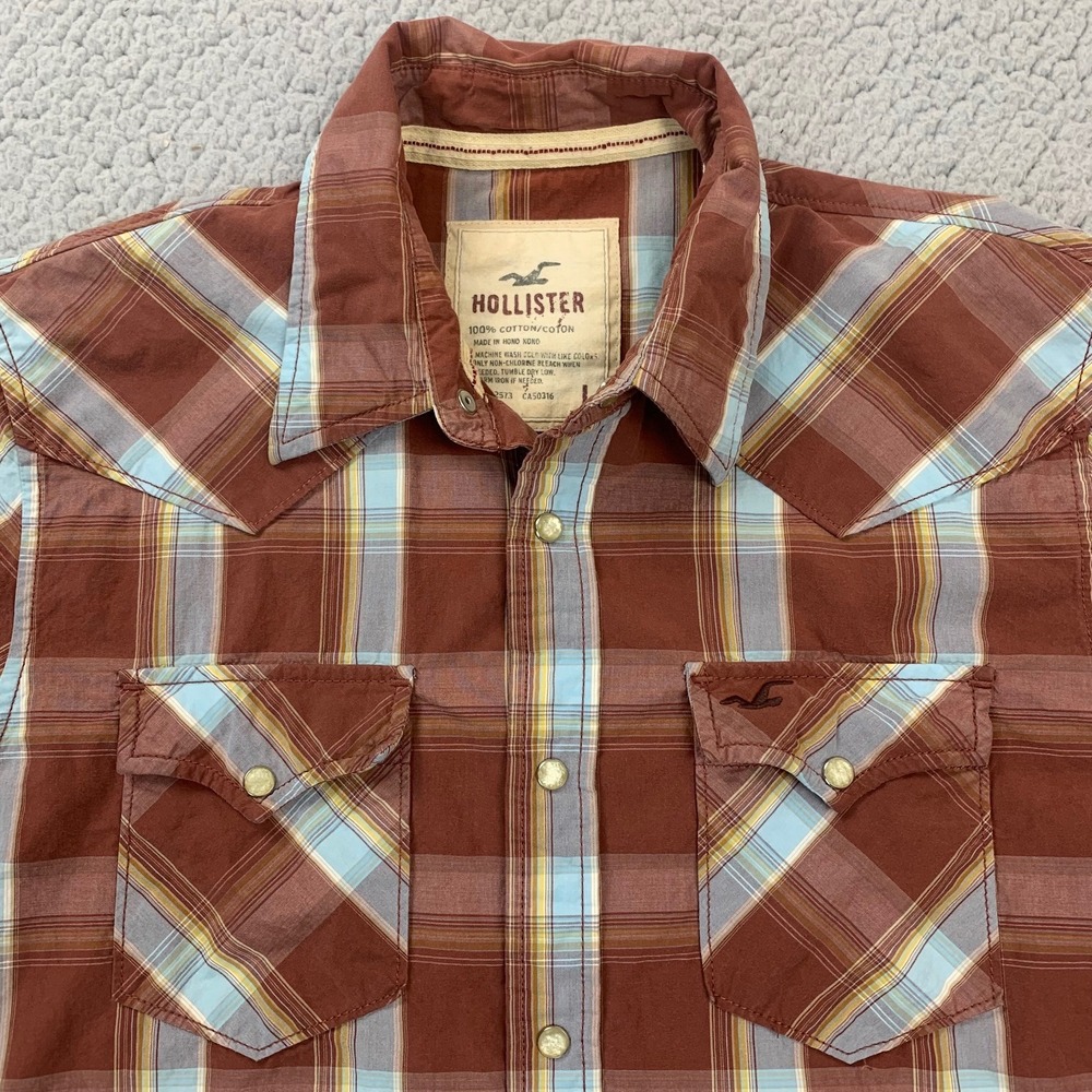 Hollister Pearl Snap Shirt‎ Mens Large Rust Plaid Western Cotton Long Sleeve